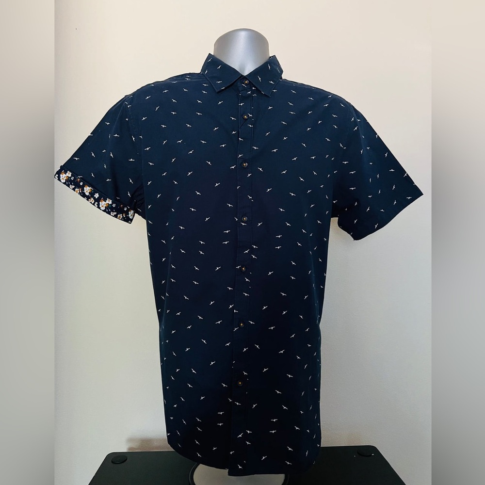 Men's Denim & Flower Blue Tropical Short Sleeve Button-Up Shirt (Size XL)